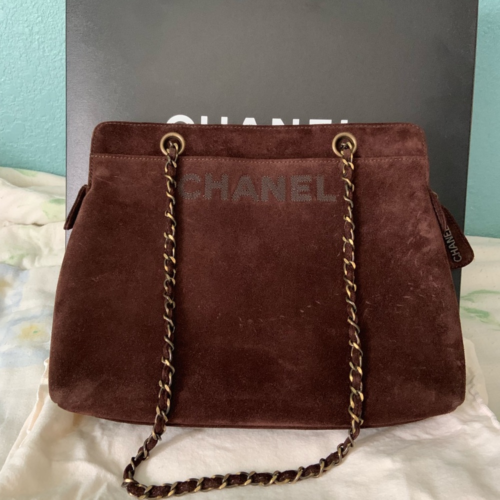 Chanel vintage suede brown tote hand bag